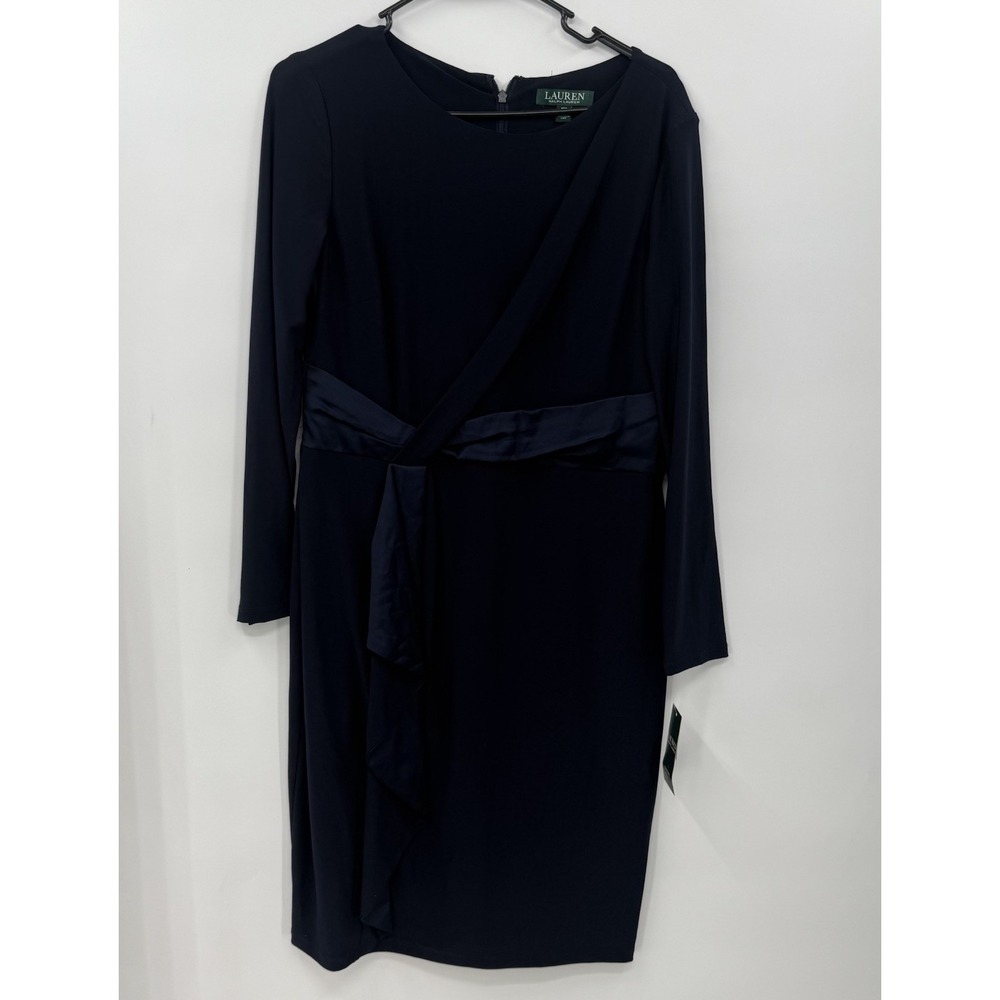 Lauren‎ Ralph Lauren 12P Sheath Dress Womens Navy Blue Draped Satin Sash Sleeve